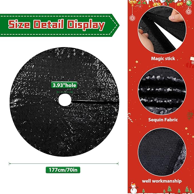 Eternal Beauty Christmas Tree Skirt, 70 Inch Black Halloween Sequin Tree Skirt Small Xmas Tree Skirt for Christmas Tree Decorations