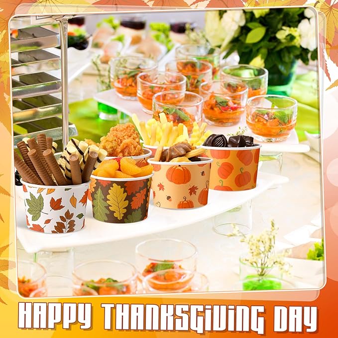 100 Pcs 9oz Fall Paper Bowls Treat Snack Cups Autumn Ice Cream Dessert Bowl Thanksgiving Pumpkin Maple Leaf Treat Snack Cup for Hot or Cold Food Thanksgiving Party Favor Supplies