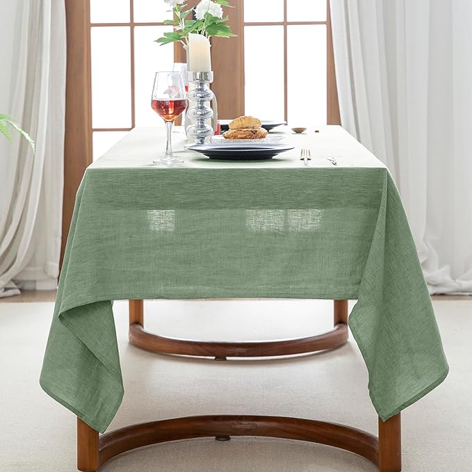 EVERLY Linen Rectangle Tablecloths 60x84 Inches for Dining Room Kitchen Buffet Parties Picnic Events Weddings and Restaurants, Decorative Halloween Thanksgiving Machine Washable Tablecloths-SaGa Green