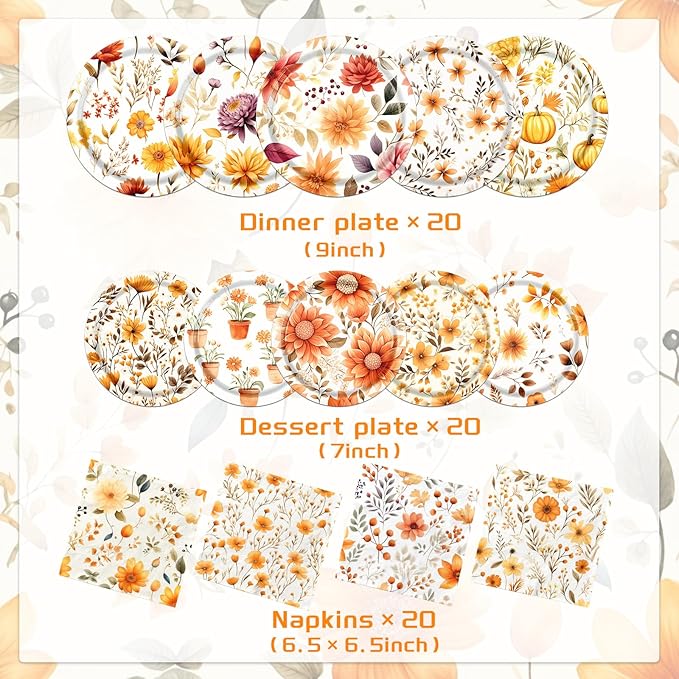 Fall Party Supplies - 60Pcs Autumn Thanksgiving Plates and Napkins Pumpkin Maple Leaf Table Decorations for Fall Birthday,Thanksgiving Party
