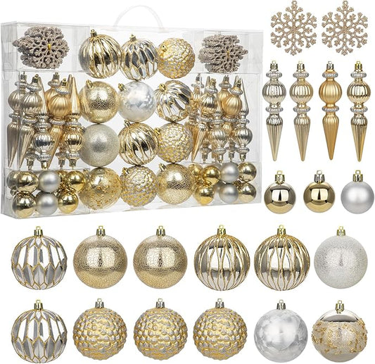 92ct Christmas Tree Decoration Set Christmas Ball Ornaments with Srtings Shatterproof Christmas Baubles for Christmas Holiday Wreath Garland Party Decoration, Gold-Silver