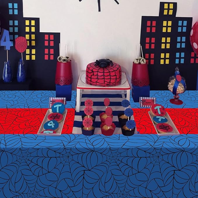 3Pcs Spider Web Themed Birthday Party Tablecloth Decorations,Blue Hero Plastic Table Cover with Red Runner Disposable Rectangle Table Cloth for Baby Shower Kids Boy Birthday Party Supplies,54x108 Inch