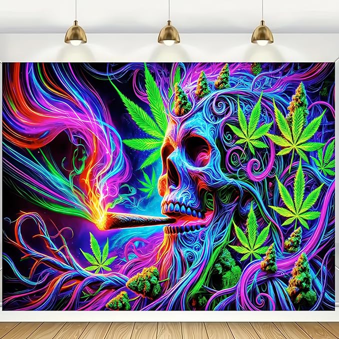 BlissYard Blacklight Cool Trippy Weed Marijuana Leaves Tapestry UV Reactive Skeleton Tapestry Smoking Skull Black Light Wall Tapestry Neon Psychedelic Tie Dye Stoner Poster Tapestry 59X78 IN