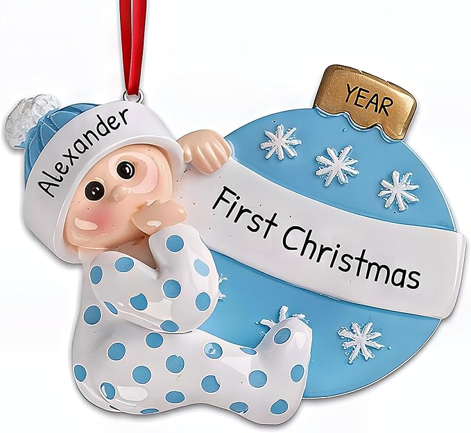 3D Personalized Babys First Christmas Ornament 2025 Boy | Baby's First Christmas Ornament 2025 Baby Ornaments for Xmas Tree My 1st Xmas Ornaments for Couples New Parents - Blue Polka Dot Baby Boy