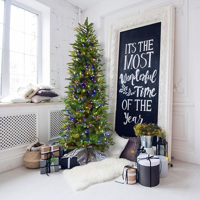 Fraser Hill Farm 9-Ft. Carmel Pine Slim Artificial Christmas Tree with Dual Multicolor & Warm White LED Lights and Stand, Prelit Foldable Fake Tree with Realistic Foliage for Home Decoration
