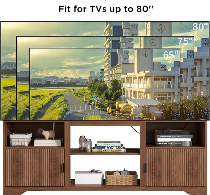 Fluted TV Stand for Tvs up to 80",Mid Century Modern TV Stand with Open Adjustable Shelf,Entertainment Center Wood TV Media Console with Cord Holes,TV Stand for Living Room Furniture Bedroom,Walnut