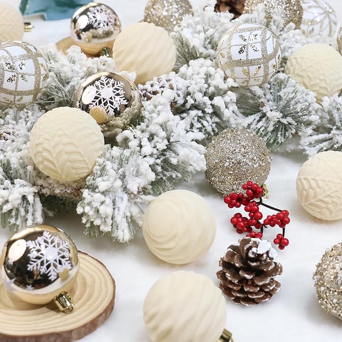 2.36In Velvet Christmas Ball Ornaments, 25PCS Champagne Flocked Christmas Tree Hanging Decorations, for Home Holiday Wedding Indoor Xmas Party Decor.