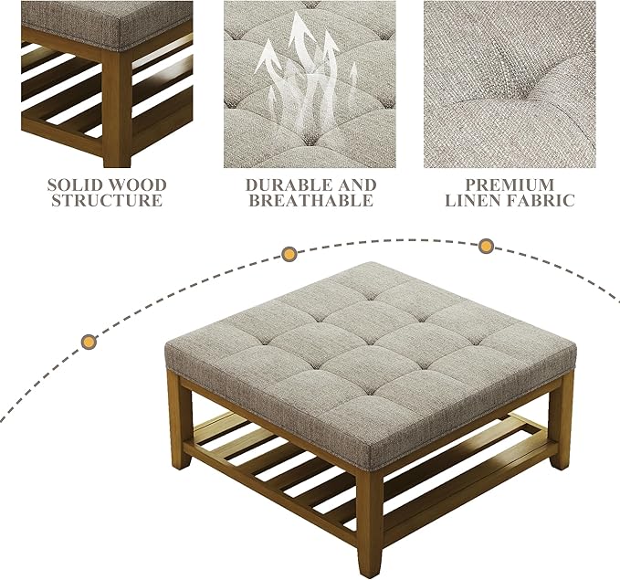 Large Square Ottoman Coffee Table, Linen Solid Upholstered Footrest Ottoman with Solid Wood Shelf Storage Tufted Coffee Table for Bedroom Living Room, Linen