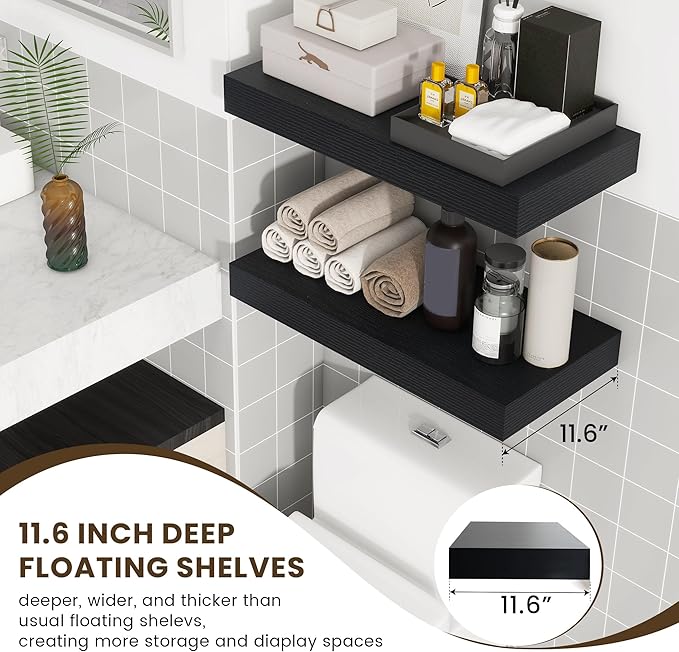 Deep Floating Shelves for Wall, 24W x 12D Black Floating Shelves Set of 2, 12'' Deep Large Wood Shelves for Living Room Bathroom Laundry Room Bedroom Kitchen Home Office - Black