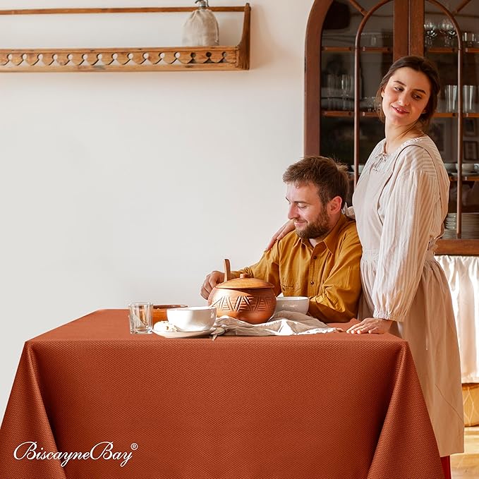 Biscaynebay Fall Tablecloth Textured Fabric Square Tablecloths 70x70 Inch, Rust Thanksgiving Autumn Harvest Water Resistant Fabric Tablecloths for Kitchen, Dining, Wedding, Parties Machine Washable