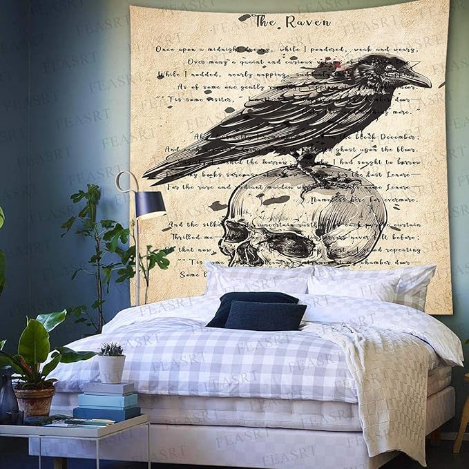 Gothic Skull and Raven Dictionary Tapestry The Raven Wall Tapestry Edgar Allan Poe Rustic Home Room Mural Posters 51x60 Inches for Living Room Bedroom Home Dorm GTQQAY1543