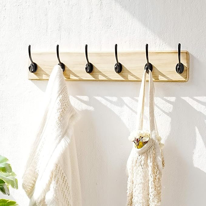 Dseap Coat Rack Wall: 24" Long, Patented, Heavy-Duty, 6-Double-Hooks Wooden Wall Mounted Coat Rack Coat Hanger Hook Rail for Winter Coats Hat Jacket Clothing, Light Brown