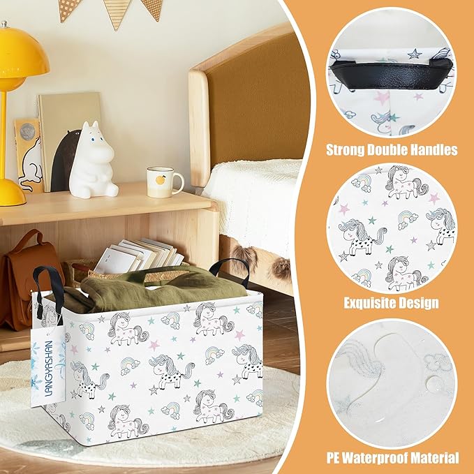 LANGYASHAN Rectangular Storage Bin Collapse Canvas Fabric Cartoon Storage Basket with Handles for Organizing Home Kitchen Boys and Girls Toys Office Closet Shelf Baskets (Rec Rainbow Unicorn)