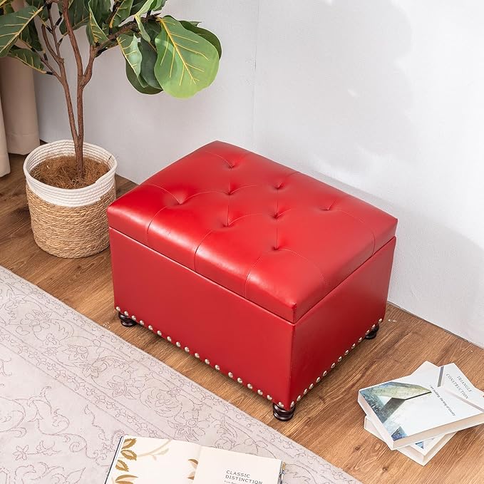 Joveco Leather Storage Ottoman, 24" Rectangle Square Bench Foot Rest Stool for Bedroom Living Room, Red