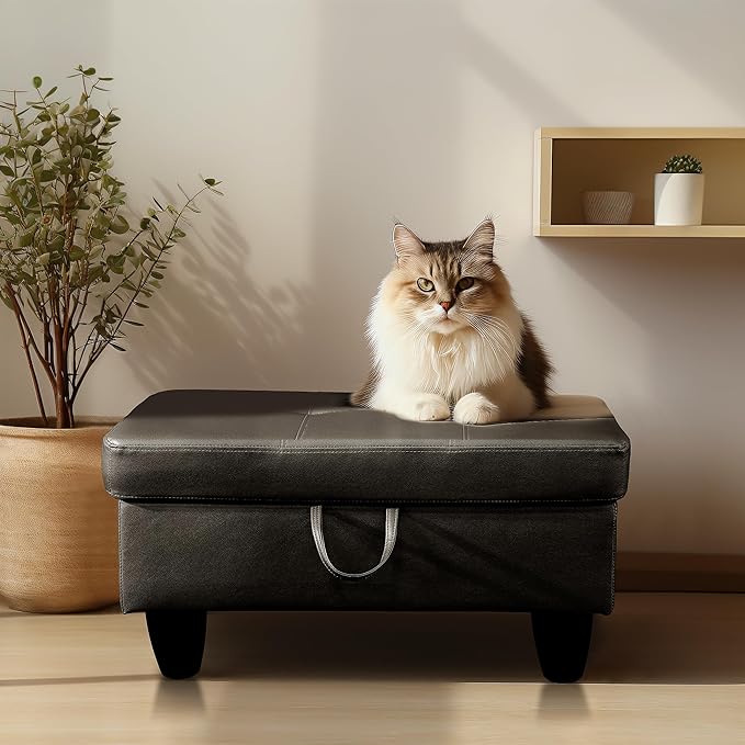 Ottoman Rectangular Storage Ottoman Bench, Faux Leather Footrest, Coffee Table, Stool Footstool with Hinged Lid for Living Room, Bedroom, Entryway, Black, 28.5"x19"x17.5"