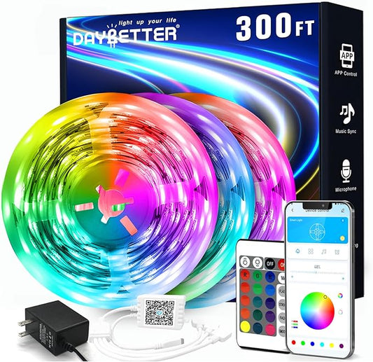 DAYBETTER Led Strip Lights 300 ft (3 Rolls of 100 ft) Color Changing Lights Strip for Bedroom, Desk, Indoor Room Bedroom Valentine Decor, with Remote and 24V Power Supply