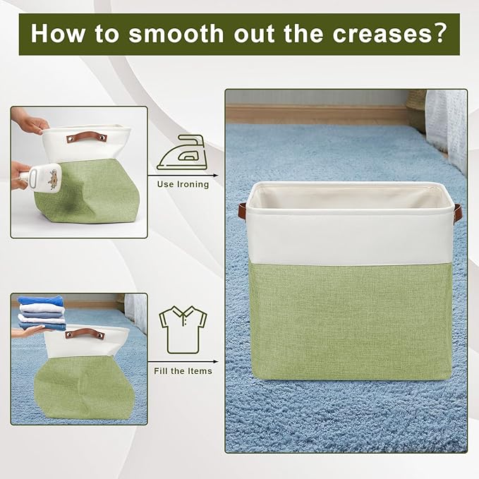 Large Fabric Storage Baskets | 50L Storage Bins, Decorative Linen Closet Baskets with Handles for Organizing, Shelf, Toys, Clothes, Home, Office, Nursery, 17x12x15Inches (Green&White)