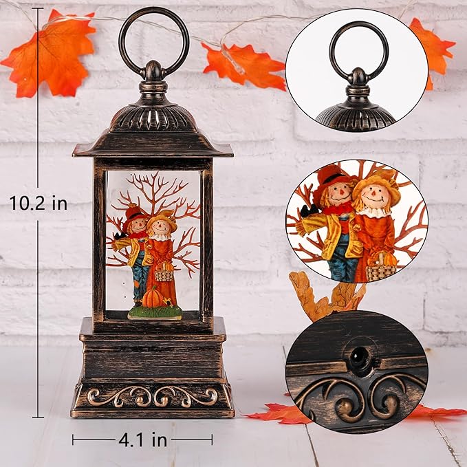 Fall Snow Globes, Scarecrow Couple with Pumpkin Scene Snow Globes, Glittering Lantern with Timer, Snow Globe Lantern USB or Battery Powered for Fall Festival Thanksgiving Day Decor