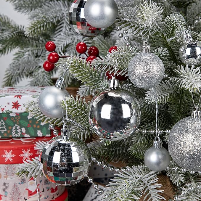 50pcs Silver Christmas Ball Ornaments Silver Large Shatterproof Christmas Tree Decorations Xmas Tree Ornaments Balls with Hanging Loop for Xmas Wedding Holiday Party Wreath Home Decor