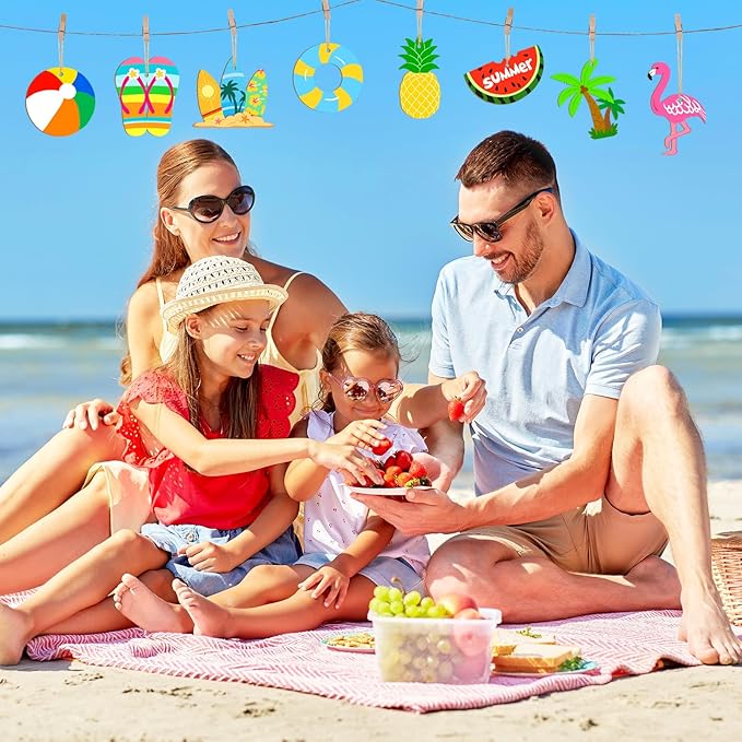 80PCS Wooden Summer Ornaments to Paint, 10 Styles DIY Blank Unfinished Wood Beach Cutouts Ornament for Crafts Hanging Decorations, Watermelon Surfboard Slippers Coconut Tree Home Decorations Gifts