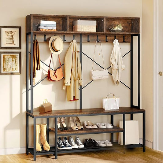 YITAHOME Entryway Bench with Coat Rack, 5-in-1 Hall Tree with Shoes Storage, Industrial Freestanding Coat Rack Shoe Bench with Storage Shelves, 10 Hooks for Hallway, Bedroom, Rustic Brown