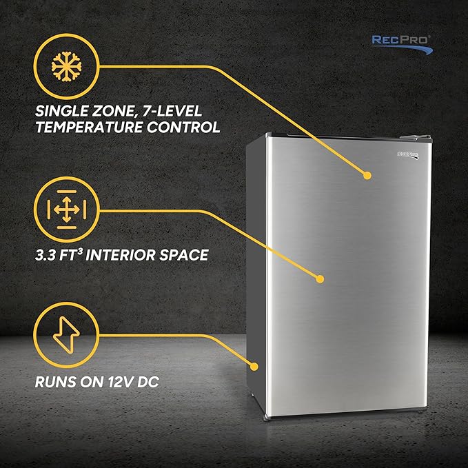 RecPro 3.3 Cu Ft 12V RV Refrigerator | Stainless Steel Frost-Free Fridge with Can Holder | Compact Camper Fridge with Door Storage, 7 Temp Settings | 19”W x 19”D x 32.75”H