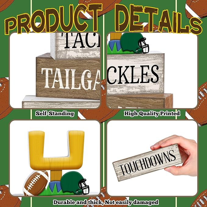 4 Pcs Football Table Decorations Football Tiered Tray Decor Sport Game Centerpiece Sign Decorative Rugby Stack Block Gift for Fans Club Tailgate Birthday Party Table Shelf Fireplace Decor