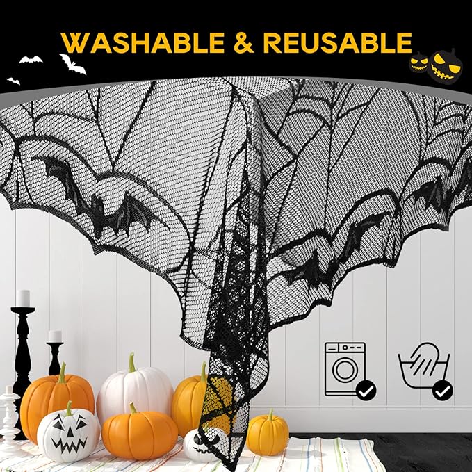 eZAKKA Halloween Table Cloth, Spider Web Table Cloth Black Tablecloth Lace Fabric Table Cloths Halloween Table Cover for Rectangle for Parties Gothic Spooky Home Decorations, 48x96 Inch