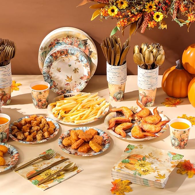 350 Pcs Thanksgiving Fall Party Supplies Maple Leaf Dinnerware Set Disposable Plates Napkins Paper Cups Plastic Cutlery for Autumn Thanksgiving Harvest Party Decor Serves 50(Pumpkin)