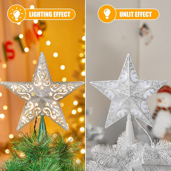 8" Silver Glittered Hollow Christmas Star Tree Topper with Built-in 10-Bulb String Lights and 2 Fuses for Holiday Decor, Green Base