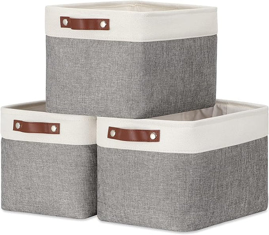DULLEMELO Storage Baskets for Organizing, Rectangular Fabric Storage Bins Collapsible, Perfect for Shelves, Closets, Empty Gift Baskets (3-Pack Medium-15 inch X 11 inch X 9.5 inch , White&Grey)