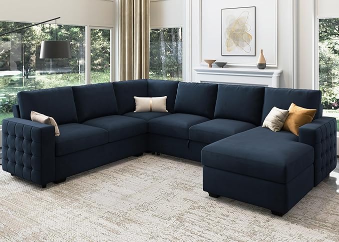 HONBAY Sectional Sleeper Sofa with Pull Out Bed U-Shape Sectional Couch Sleeper Bed with Storage Chaise Lounge Living Room 6 Seater Sectional Sofa Bed,Velvet Dark Blue