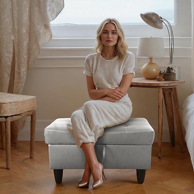 Ottoman Rectangular Storage Ottoman Bench, Faux Leather Footrest, Coffee Table, Stool Footstool with Hinged Lid for Living Room, Bedroom, Entryway, Silver, 35"x23.5"x17.5"