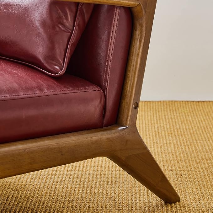Glitzhome 30.75" H Mid Century Red Accent Armchair, Single Reading Armchair PU Leather Lounge Chair with Walnut Ruberwood Frame