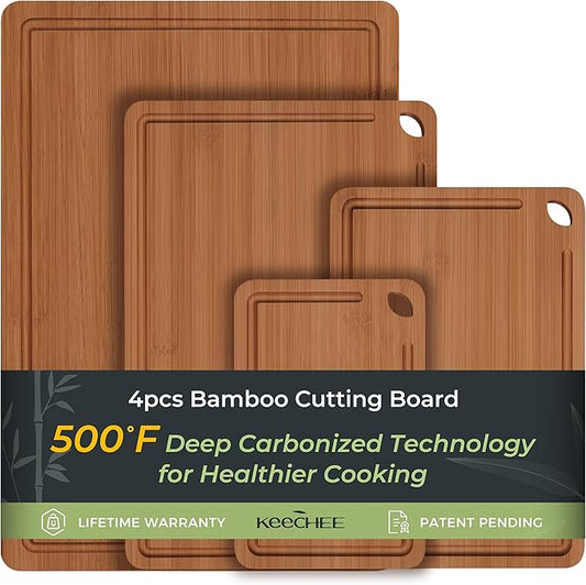 Wood Cutting Board, Carbonized Bamboo Cutting Boards Set With Smooth Surface & Easy Storage For Busy Kitchens, Ideal Charcuterie & Chopping, Durable, Knife-Friendly (4Pcs)
