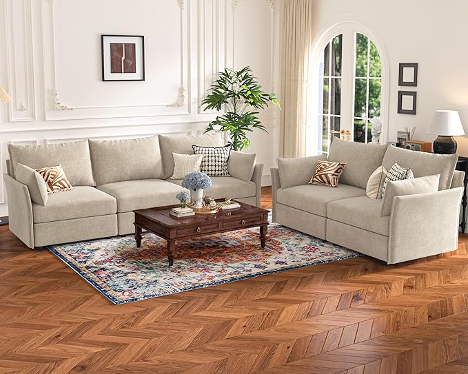 Luxury Modular Sectional Sofa, L-Shaped 3-Seat Couch with Storage Ottoman Deep Seat & Reversible Chaise Lounge Chenille Beige for Compact Spaces, Apartments, Dorm