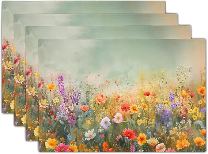 Floral Placemats Set of 4 Spring Summer Wild Flower Washable Non-Slip Heat Resistant Place Mats 12x18 Inch Vintage Rustic Linen Table Mats for Kitchen Dining Party Decor