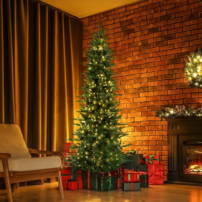 Fraser Hill Farm 7.5-Ft. Carmel Pine Slim Artificial Christmas Tree with Warm White LED Lights and Stand, Prelit Foldable Fake Tree with Realistic Foliage for Home Decoration