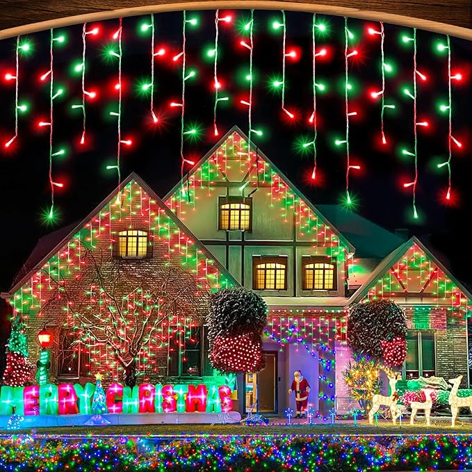33ft Red and Green Christmas Lights, 400 LED Icicle Lights for Outside, Clear Wire Connectable Twinkle Light with 8 Modes Timer Waterproof for House Window Party Tree Holiday Patio Yard Home Decor