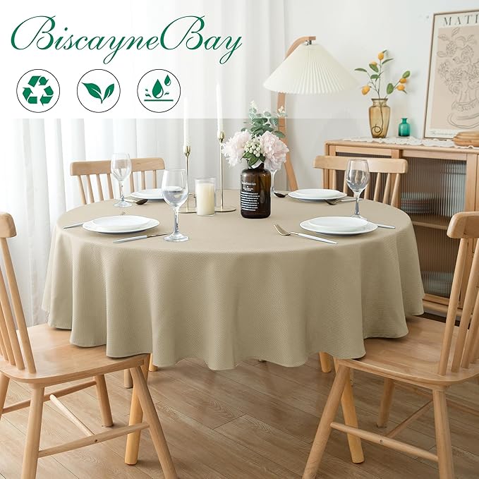 Biscaynebay Textured Fabric Round Tablecloths 60" for Round Tables diameters from 28" to 48", Natural Water Resistant Folding Table Covers Washable for Dining, Kitchen, Wedding, Parties etc
