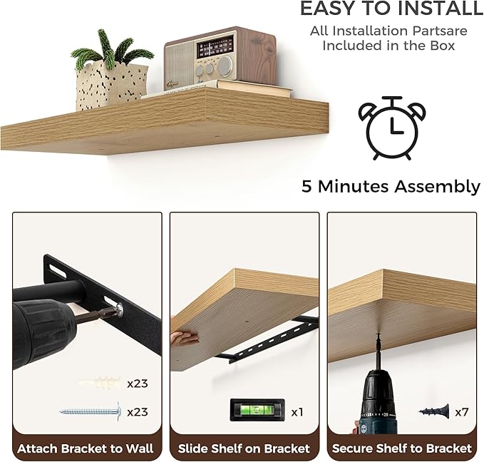 Floating Shelves - 2 Large Wall Mounted Shelves with Invisible Brackets, Long Wood Floating Wall Shelf for Living Room, Bedroom, Kitchen (Oak, 48" W x 9" D x 1.5" H)