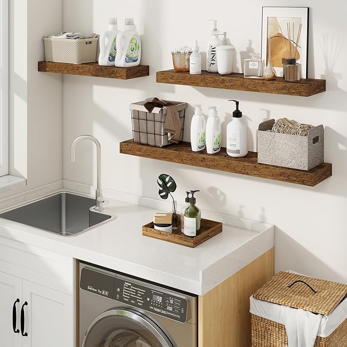 fuqing Floating Shelves for Wall, Bathroom Shelf Wall Mounted for Storage, Shelves with Invisible Bracket for Bedroom, Kitchen, Living Room, Farmhouse Small Book Shelf, 16 Inch Set of 2, Rustic Brown