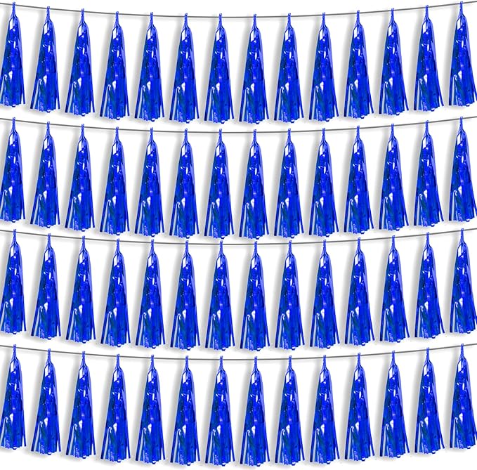 4P Blue Foil Fringe Metallic Tassel Streamers Banner Tassel Garland for Parade Floats, Bachelorette, Wedding, Birthday, Halloween, Christmas, Bridal/Baby Shower Party Decorations