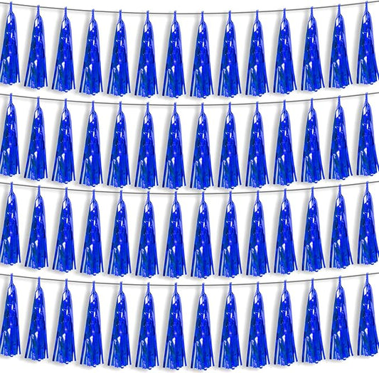 4P Blue Foil Fringe Metallic Tassel Streamers Banner Tassel Garland for Parade Floats, Bachelorette, Wedding, Birthday, Halloween, Christmas, Bridal/Baby Shower Party Decorations