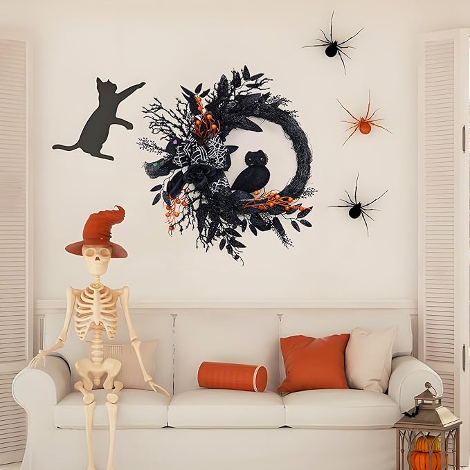 20 Inch Halloween Owl Wreath for Front Door - Gothic Garland with Natural Vines & Black Roses, Outdoor Indoor Decor for Porch, Wall, Window, Party Home Decor