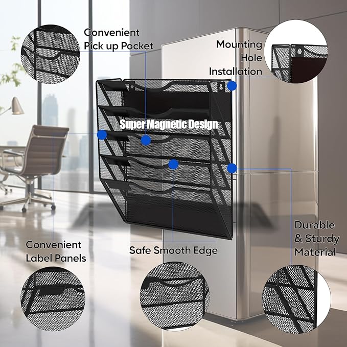 5-Tier Magnetic File Holder, No Drilling Installation File Cabinet Organizer, Black Magnetic File Organizer, Magazine Rack, Magnetic Paper Holder for Refrigerator, File Cabinets, Whiteboard