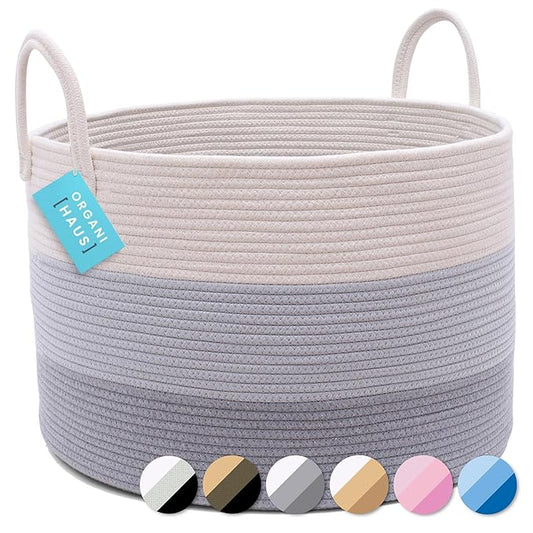 OrganiHaus Large Laundry Basket, Woven Cotton Rope Basket for Blankets, Toy Storage, Nursery Hamper, Living Room Decor Organizer, Soft & Durable Hamper with Handles, 20x13 inches - Gray