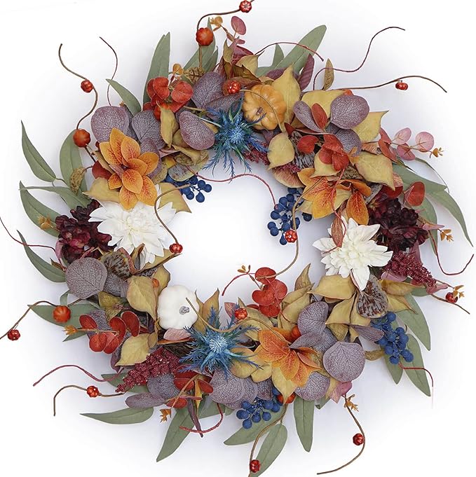 Fall Wreaths for Front Door Outside 24 Inch Autumn Wreath with Pumpkins, Silk Leaves & Purple Flowers Autumn Wreaths for Front Door, Halloween Wreath Decoration, Thanksgiving Decor