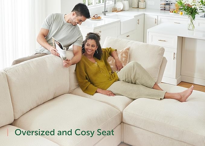 HONBAY Modular Sectional Sofa with Storage Corduroy U Shaped Sofa Modular Sectional Couches for Living Room,Beige