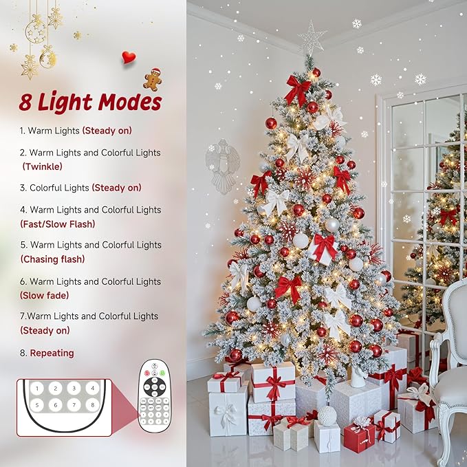 7.5ft Pre-lit Artificial Christmas Tree with Remote, Snow Flocked Xmas Trees Rotating & Foldable Stand, RGB & Warm White Light for Home Decor